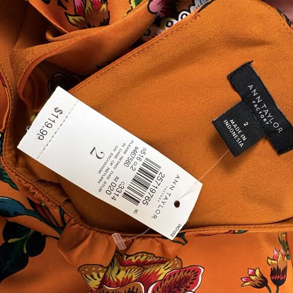 Ann Taylor Factory Orange Satin Floral Midi Dress SIze 2 Romantic Cottagecore - Picture 8 of 12